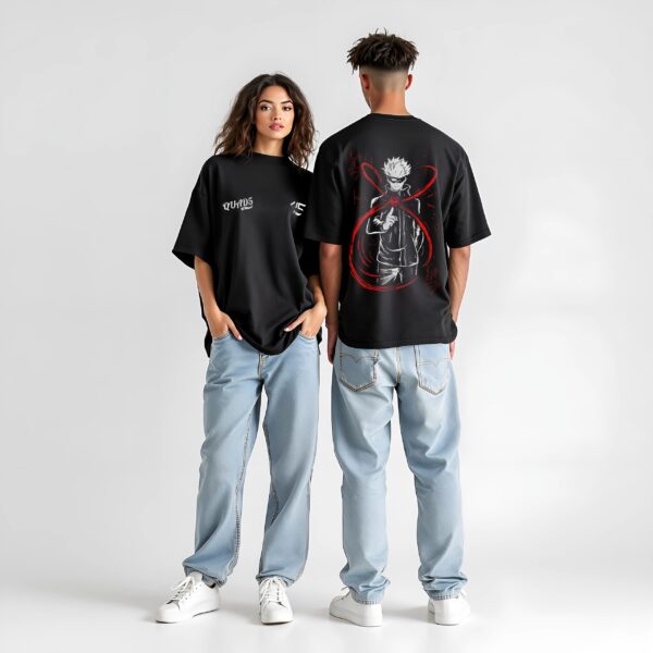 Black Unisex Oversized T-shirt Featuring a puff Satoru Gojo  Graphics.