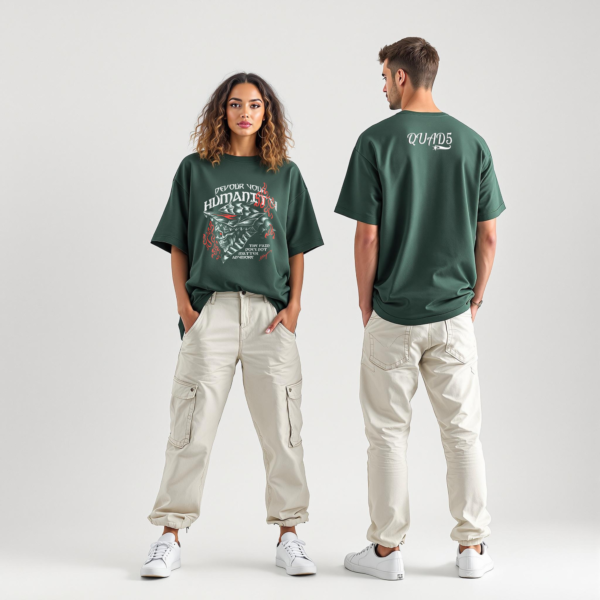Bottle Green Unisex Oversized T-shirt Featuring a Skull Puff Graphics.