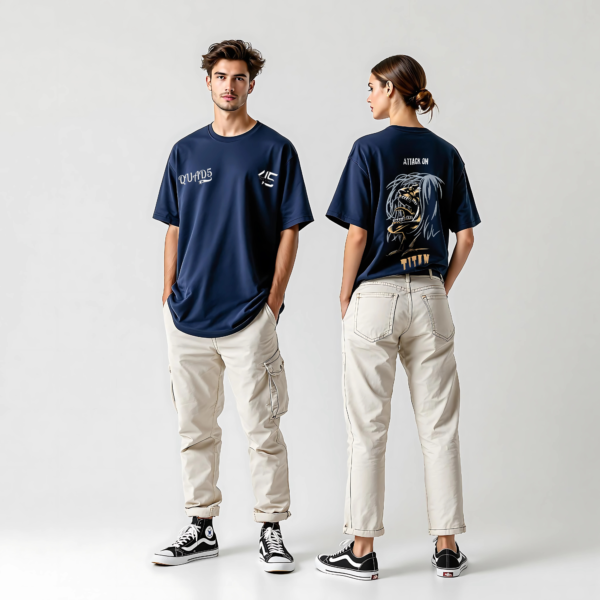 Neavy Blue Unisex Oversized T-shirt Featuring a Puff Attack On Titan Graphics.