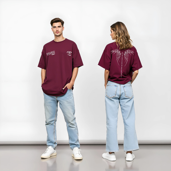 Wine Unisex Oversized T-shirt Featuring a Puff  Wings Crown Graphics.